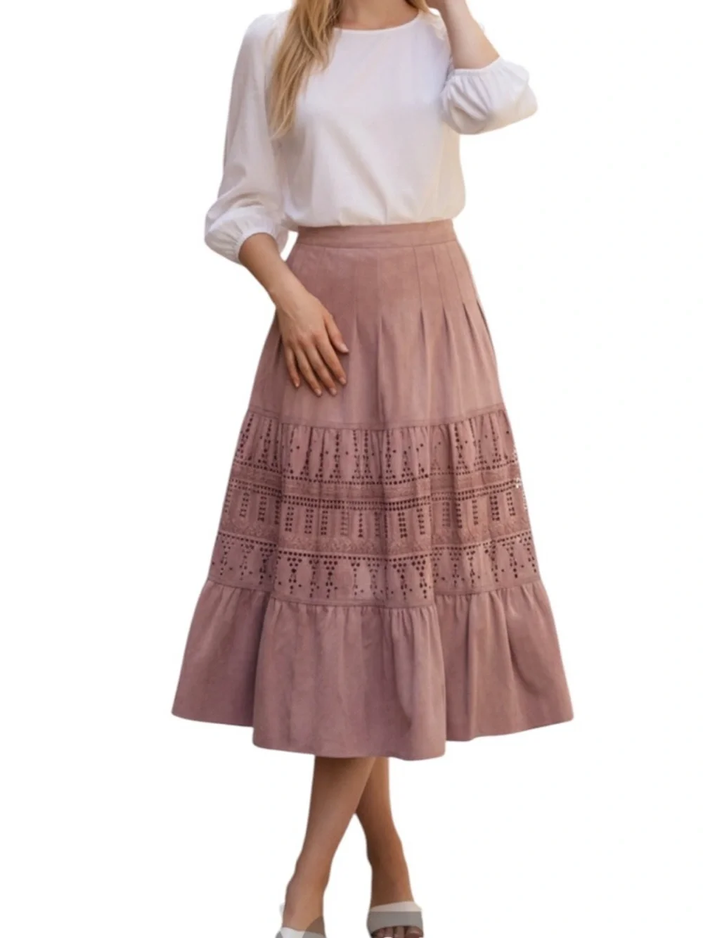 Anthropologie NWT Mauve Pink Suede Leather Full Tiered Skirt 10